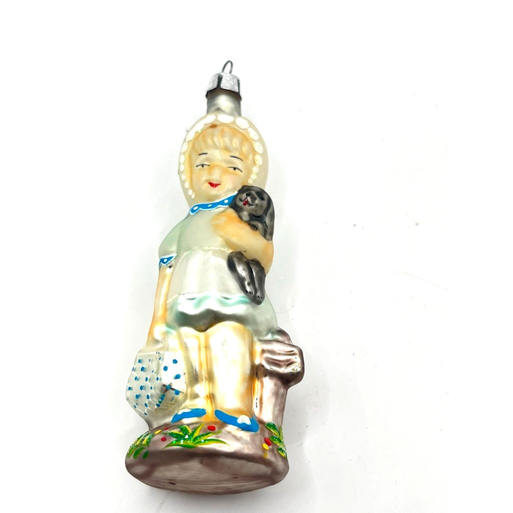 1995 Christopher RADKO 4" Blown Glass Ornament ~ Girl with Dog "Can I Keep Him"
